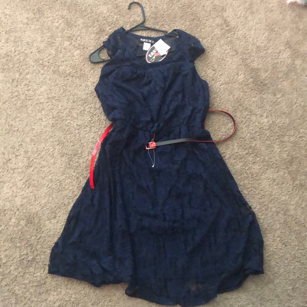 NWT. Lace Navy Dress with Red belt